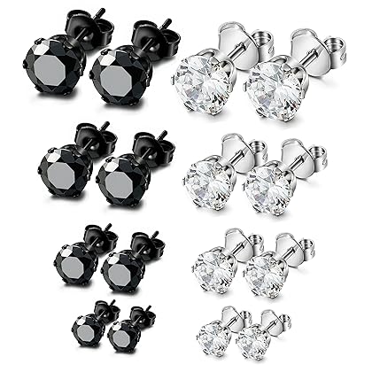 ORAZIO 8 Pairs Stainless Steel Mens Womens Stud Earrings Pierced Cubic Zirconia Earrings, 3mm-10mm Available