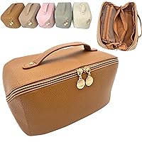 Large Capacity Travel Cosmetic Bag - Makeup Bag Opens Flat for Easy Access - Leather Waterproof Portable Cosmetics Bag with Handle, Divider - Toiletry Make up Organizer Bag…