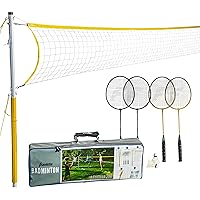 Badminton Net Sets - Outdoor Backyard + Beach Badminton Net + Equipment Set - (4) Rackets + (2) Birdies + Portable Net Included - Adults + Kids Set
