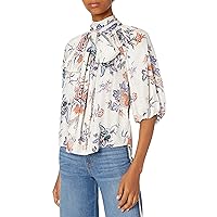 Rebecca Taylor Women's Short Sleeve Floral Flowy Blouse with Tie at Neck