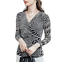 Women's Zebra Print Mesh Top Cross V Neck Semi Sheer Long Sleeve Patchwork Blouses Casual Work Shirts Gift for Ladies