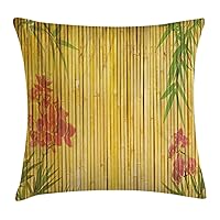 Ambesonne Asian Themed Throw Pillow Cushion Cover, Lotus Flower Branches Background on Leafy Tropical Oriental Print, Decorative Square Accent Pillow Case, 20