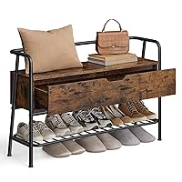 VASAGLE Shoe Storage Bench with Seating, Shoe Bench with Organizer Drawer, Industrial Style, Steel Frame, Holds Up to 600LB, for Entryway, Living Room, Bedroom, Rustic Brown and Ink Black, ULSB151K01