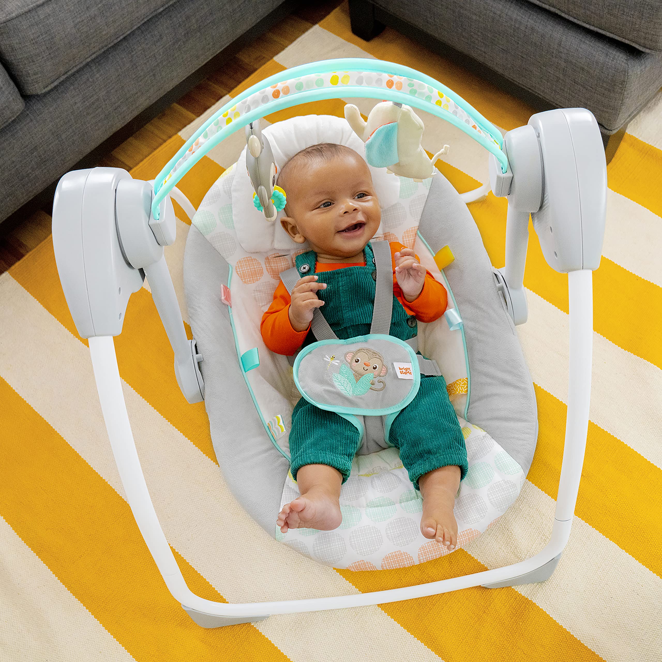 Bright Starts Portable Automatic 6-Speed Baby Swing with Adaptable Speed, Taggies, Music, Removable -Toy Bar, 0-9 Months 6-20 lbs (Whimsical Wild)