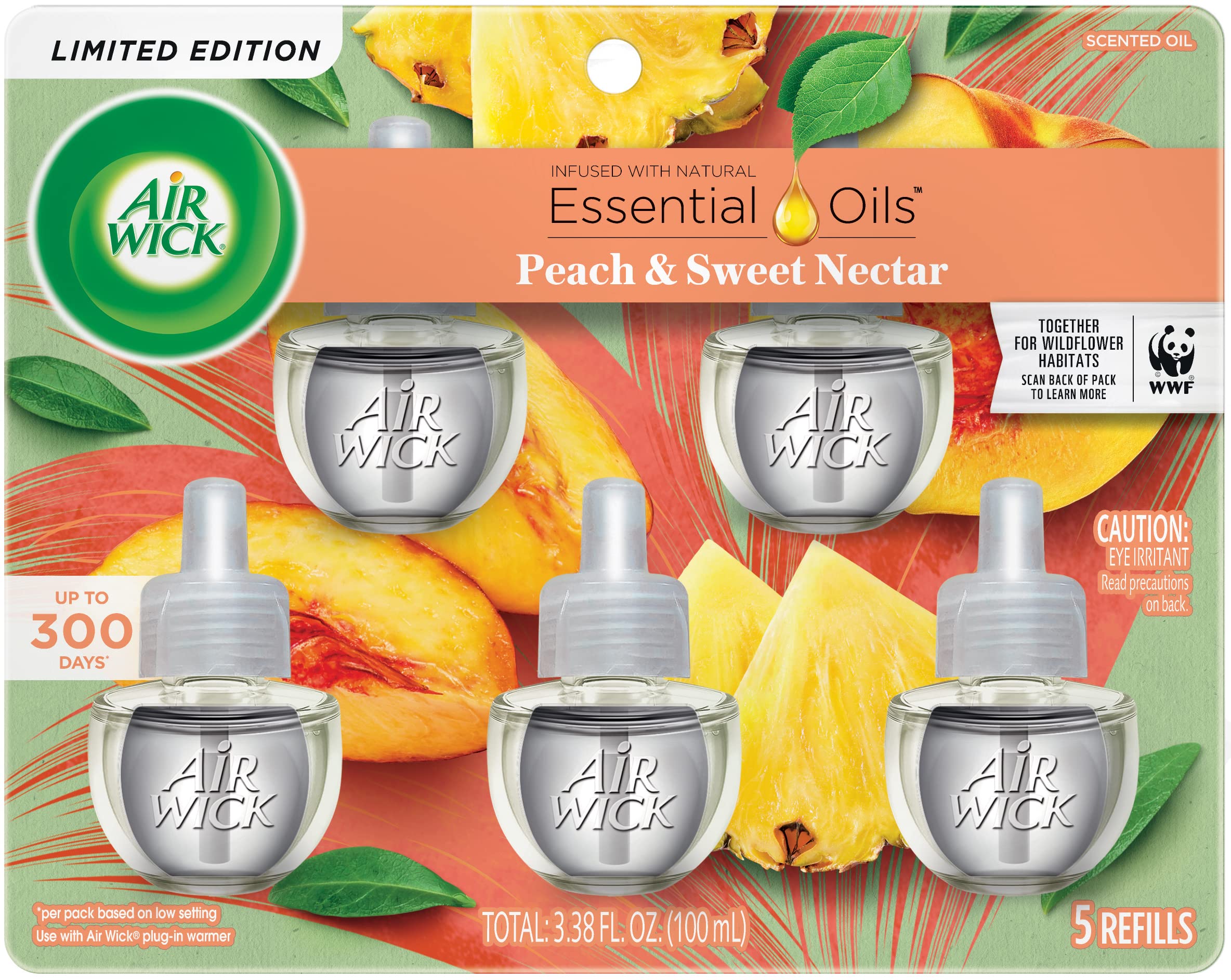 Air Wick Plug in Scented Oil Refill, 5 Ct, Fresh Peach and Sweet Nectar, Air Freshener, Essential Oils, Spring Collection