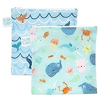 Bumkins Reusable Sandwich and Snack Bags, for Kids School Lunch and for Adults Portion, Washable Fabric, Waterproof Cloth Zip Bag, Travel Pouch, Food-Safe Storage, Large 2-pk Blue Ocean Life
