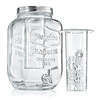 NutriChef 1-Gallon Glass Beverage Dispenser-Mason Jar Style Drink Container Jug w/Stainless Steel Spigot&Plastic Ice Infuser,Wide Mouth Easy Filling,100% Leak-proof Lid,For Party or Daily Use