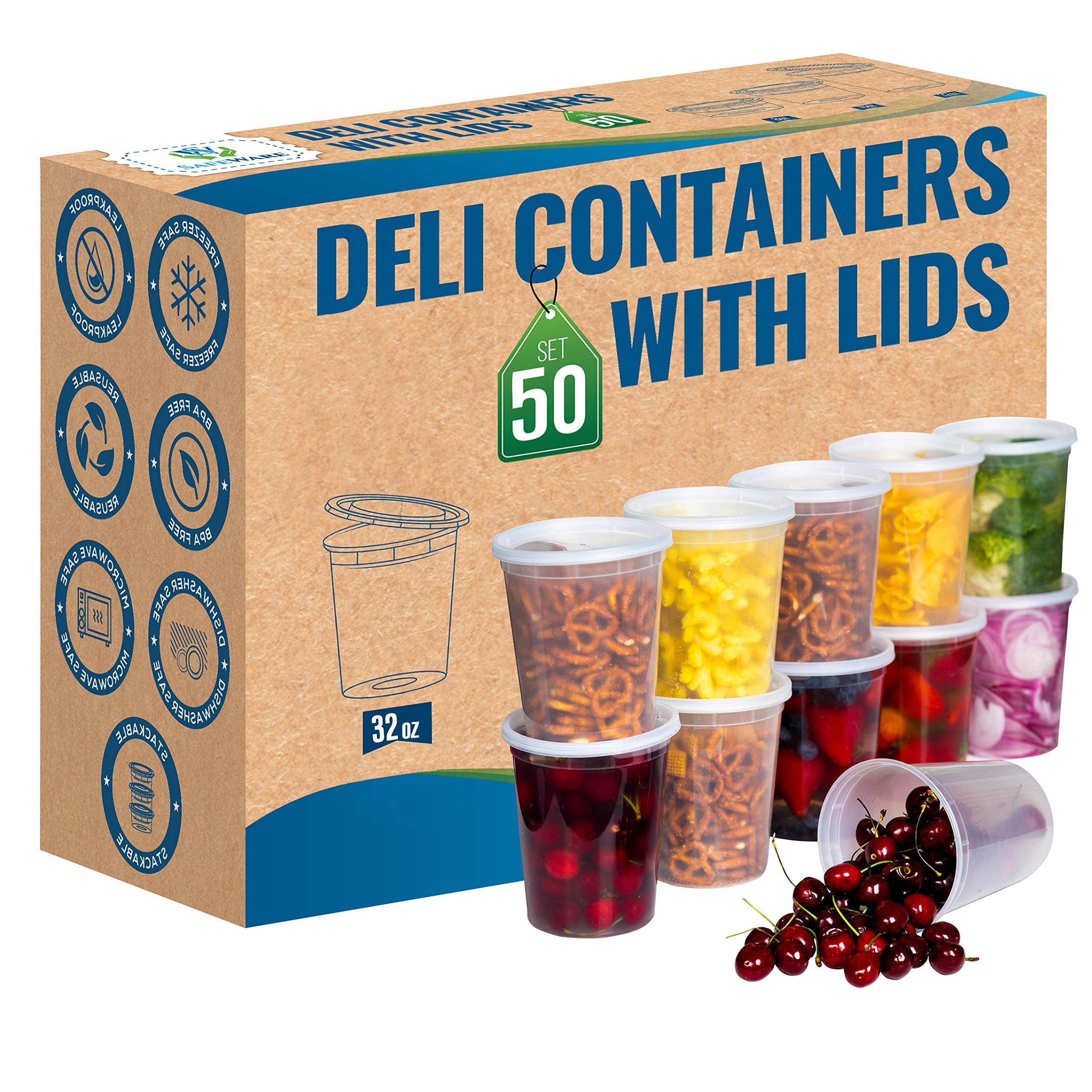 Mua SafeWare Deli Plastic Food Containers with Airtight Lids [50 Sets],  Leakproof Slime Small Combo Pack [Reusable, Storage, Disposable, Meal Prep,  Soup, Microwaveable & Freezer Safe] (32oz) trên  Mỹ chính hãng