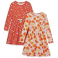 Amazon Essentials Girls' Long-Sleeve Elastic Waist T-Shirt Dress, Orange Ditsy/Pink Floral, Large