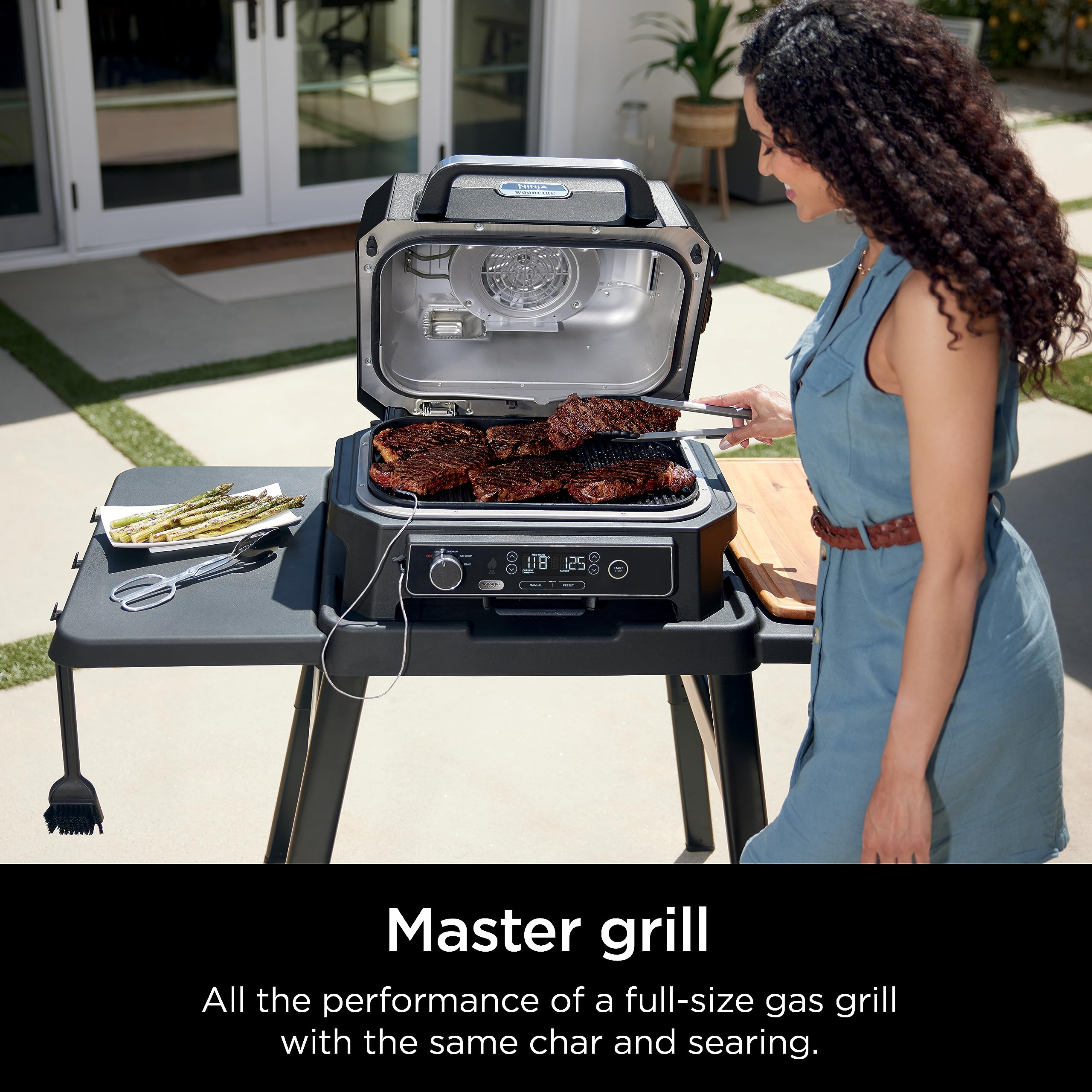 Ninja OG850 Woodfire Pro XL Outdoor Grill & Smoker with Built-In Thermometer, 4-in-1 Master Grill, BBQ Smoker, Outdoor Air Fryer, Bake, Portable, Electric, Blue