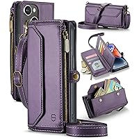 Crossbody for iPhone 14 Case Wallet【RFID Blocking】with 7-Card Holder Zipper Bills Slot, Soft PU Leather Magnetic Flip Folio Wristlet Shoulder Strap iPhone for 14 Wallet Case for Women,Purple