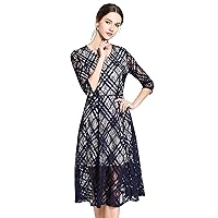 Women's Vintage 3/4 Sleeves V Neck Floral Lace Cocktail Evening Party Midi Dress