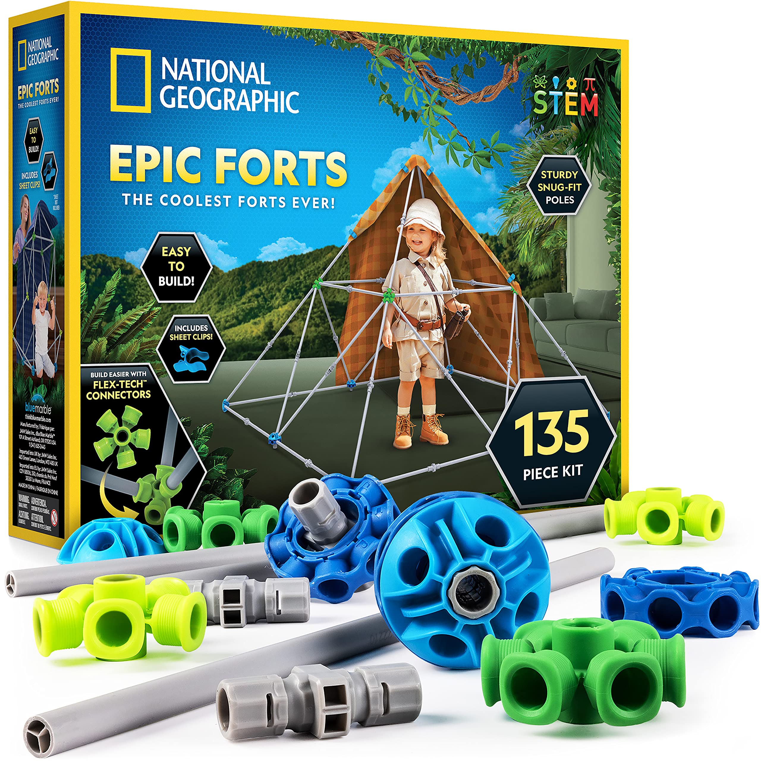 NATIONAL GEOGRAPHIC Kids Fort Building Kit - 135-Piece Indoor Fort Builder for Kids, Build a Fort for Creative Play, STEM Building Toy, Fort Building Kit for Kids 6-10, Blanket Fort (Amazon Exclusive)