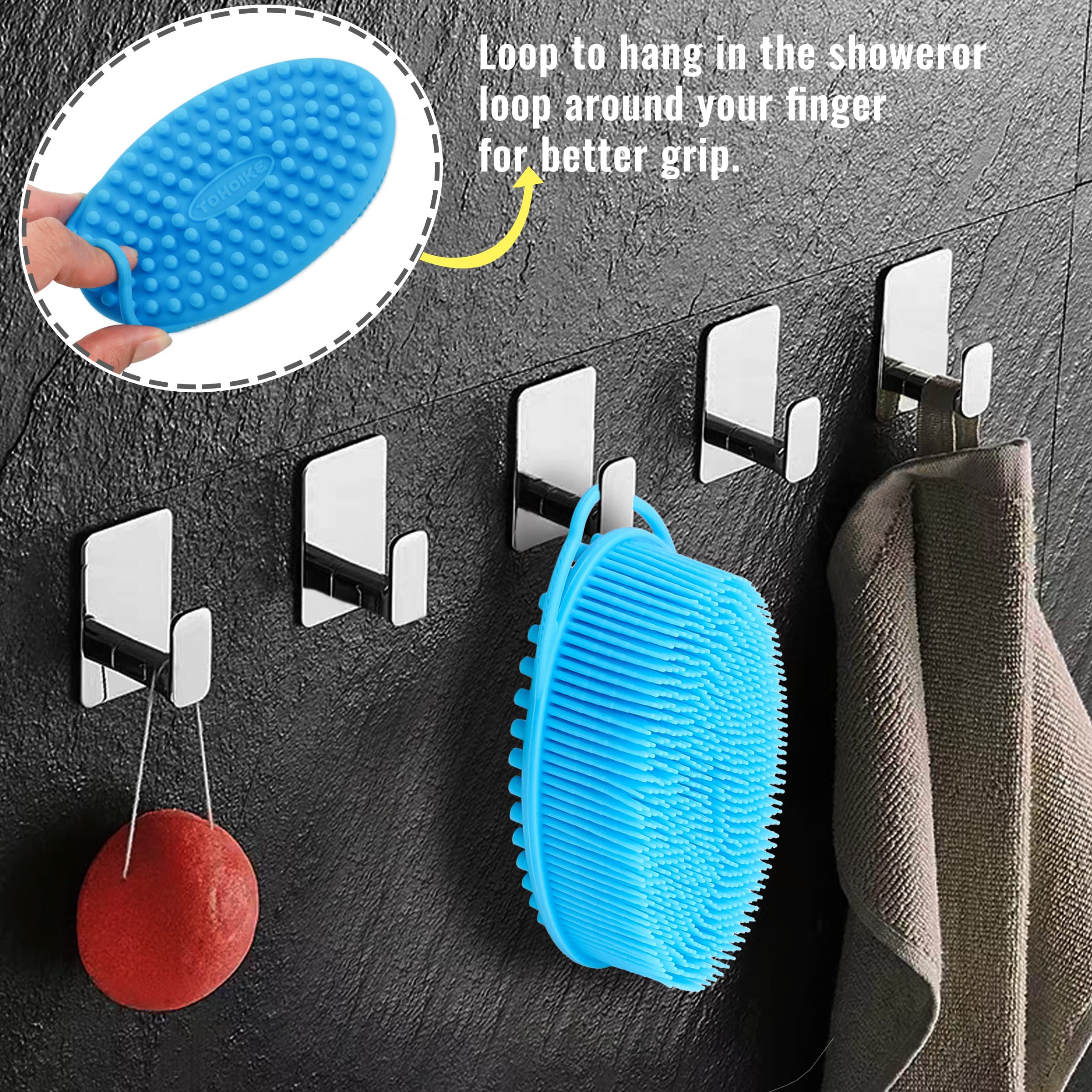 Silicone Loofah Exfoliating Body Scrubber Set of 3 Soft Bath Sponge/Shower Brush for Sensitive Kids Women Men All Kinds of Skin (Black/Gray/Blue)