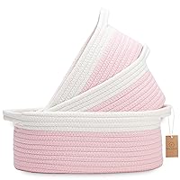 NaturalCozy 3-Piece Oval Storage Basket Set– Natural Rope Woven Baskets for Storage, Gift Basket Empty, Toy Basket, Soft Baby Basket for Nursery, Cat Dog Toy Baskets, Small Basket (Off White & Pink)