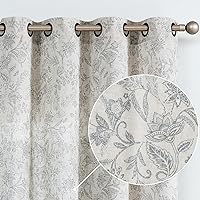 Lazzzy Grey Floral Linen Farmhouse Curtains for Living Room 90 Inch Length Window Curtains Semi Sheer Drapes for Bedroom Country Light Filtering Curtain Grommet Top 2 Panels Grey on Beige