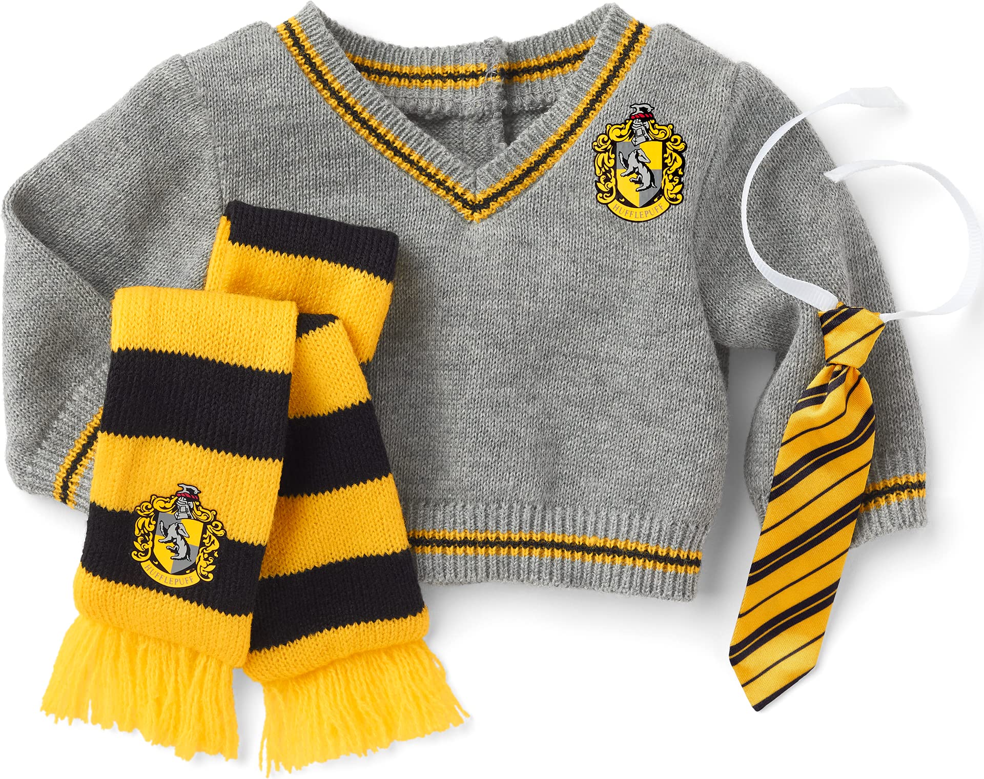 American Girl Harry Potter Hufflepuff 3-Piece Set for 18-inch Dolls with Yellow-and-Black-Trimmed Gray Sweater, Satin tie, Yellow-and-Black Knit Scarf Featuring The Hufflepuff Crest Doll Not Included