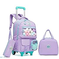 Rolling Backpack for Girls Kids Backpack with Wheels Backpacks for Elementary with Lunch Box Pencil Case Trolley Luggage