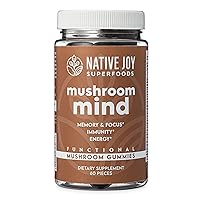 Native Joy® Mushroom Mind - Functional Mushroom Gummy - Lions Mane, Cordyceps and Reishi - Immune System Booster & Nootropic Brain Supplement - Wellness Formula for Natural Energy, Focus Gummies
