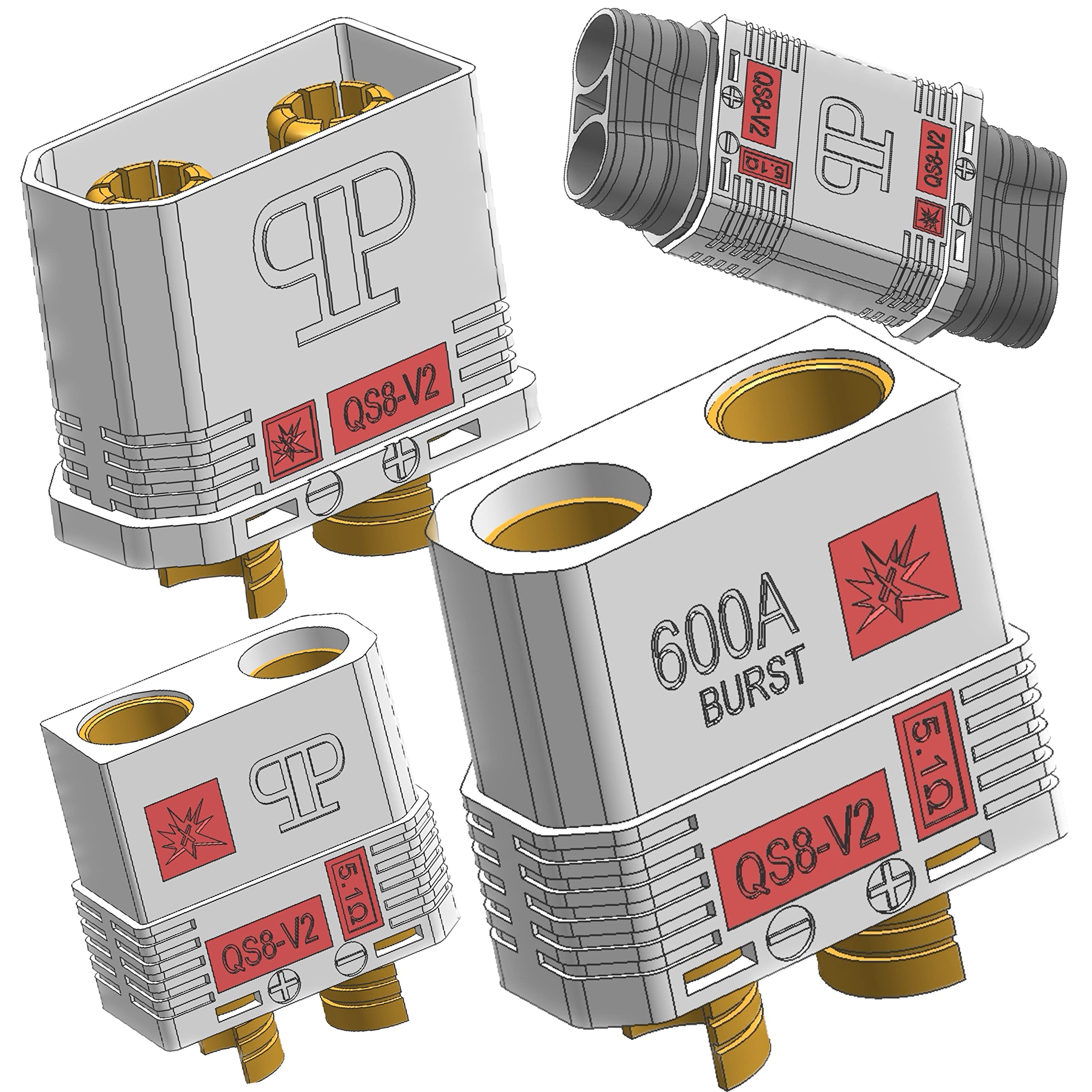 Perfect Pass QS8-V2 Anti-Spark Connector Set (5 Pack) Male & Female + Wire Covers (4pc x 5) / New and Improved Version of QS8-S Connector / 600A Burst/Gold Plated 8MM Bullets QS8-V2!