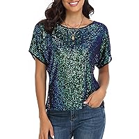 PrettyGuide Women's Sparkly Sequin Tops Short Sleeve Glitter Loose Party Shirt Blouse Boat Neck Dressy Top