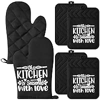GROBRO7 6Pcs Cotton Oven Mitts and Pot Holders Set This Kitchen is Seasoned with Love Heat Resistant Hot Pad Machine Washable Microwave Gloves Pocket Potholder for Baking Cooking Valentine's Day Gifts