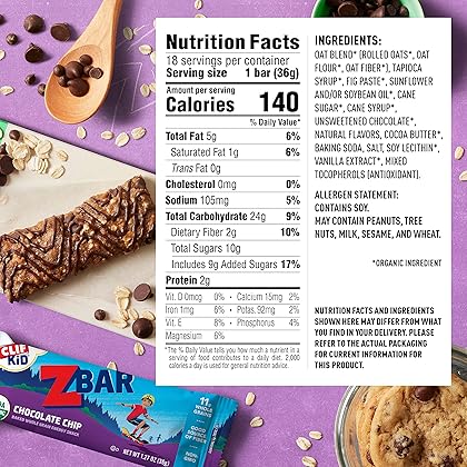CLIF KID ZBAR - Organic Granola Bars - Chocolate Chip - Non-GMO - Organic -Lunch Box Snacks (1.27 Ounce Energy Bars, 18 Count)