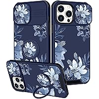 Goocrux (2in1 for iPhone 15 Pro Max Case Floral Flowers for Women Girls Cute Cover Girly Pretty Aesthetic Blue Flower Design with Slide Camera Cover+Ring Holder for iPhone 15 Pro Max Phone case 6.7''