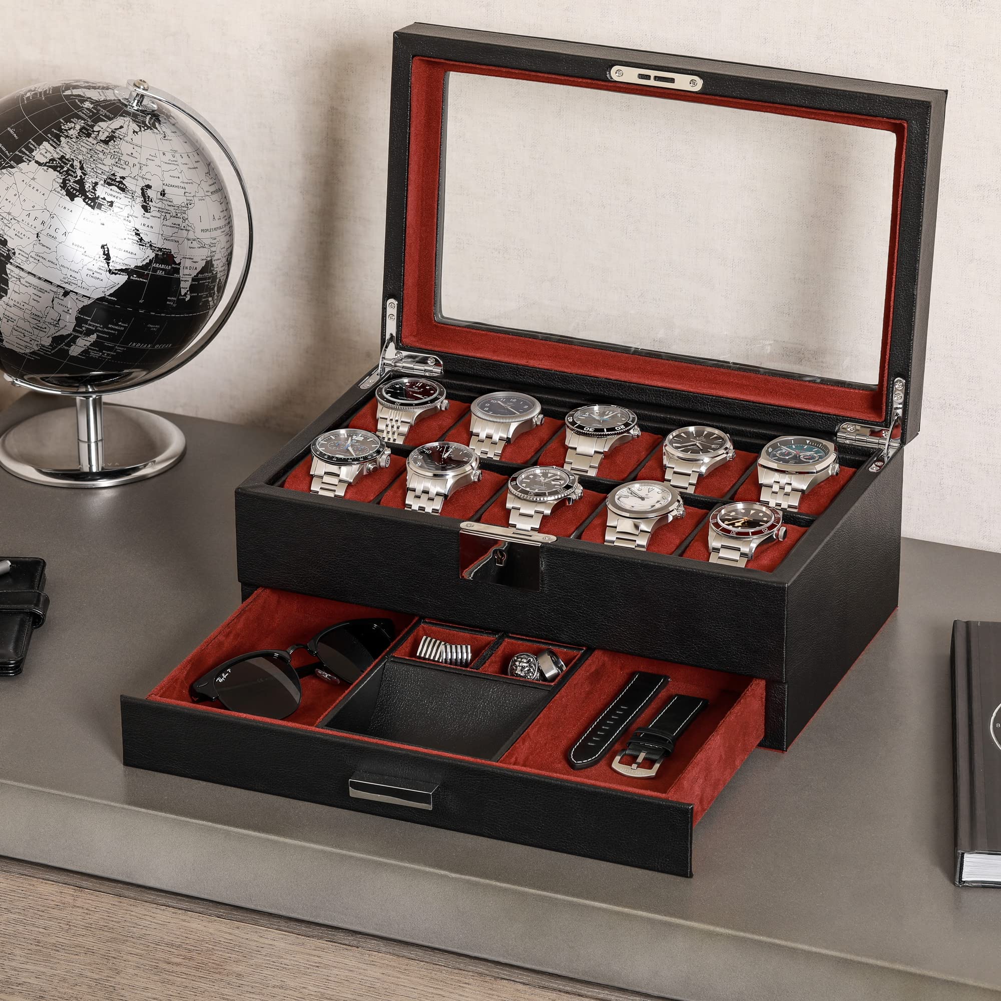 Gift Set 10 Slot Leather Watch Box with Valet Drawer & Matching 2 Watch Travel Case - Luxury Watch Case Display Organizer, Locking Mens Jewelry Watches Holder, Men's Storage Boxes Glass Top Black/Red