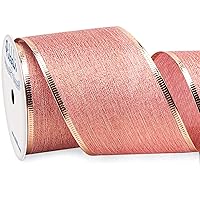 Ribbli Rose with Gold Metallic Wired Ribbon,Rose Gold Burlap Ribbon with Gold Metallic Edge,2-1/2Inch x 10Yards Use for Christmas Tree, Valentine's Day Wreath