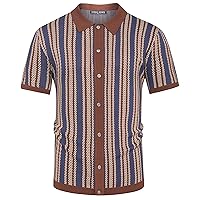 PJ PAUL JONES Men's Polo Shirts Retro Knit Shirt 70s Vintage Striped Shirt Short Sleeve Button Down Clothing