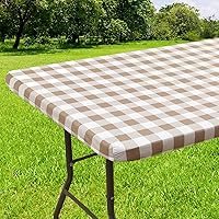 smiry Rectangle Picnic Table Cloth, Elastic Waterproof Fitted Vinyl Tablecloth for 6 FT Tables, Flannel Backed Buffalo Plaid Table Covers for Dining, Camping, Outdoor (White and Khaki, 30