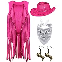 4 Pcs Cowgirl Outfits Set Women Tassel Vest Cowboy Hat Dangle Drop Earrings Paisley Bandana for Western Dress up