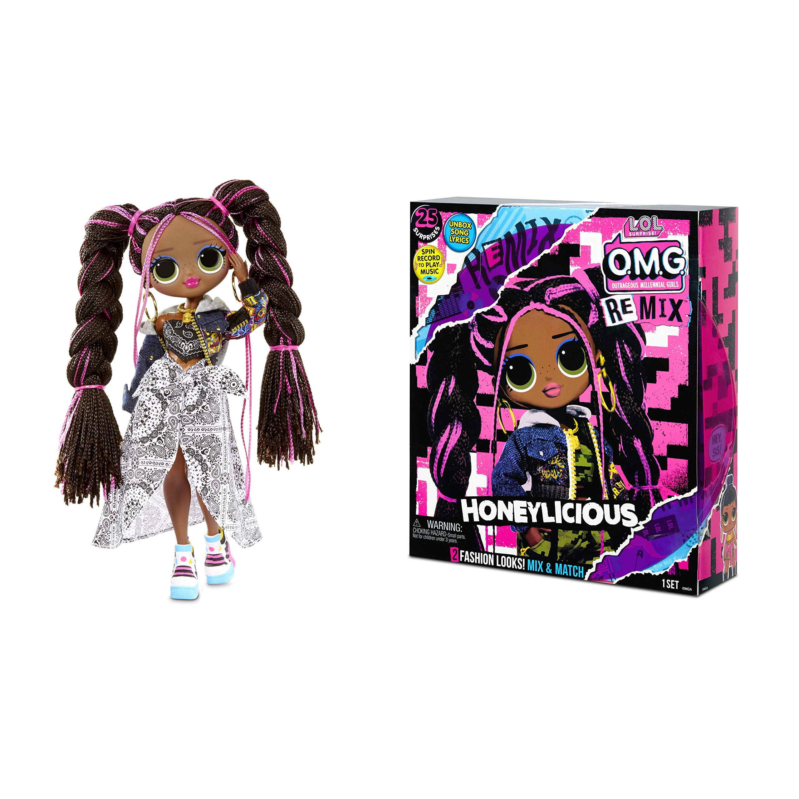 LOL Surprise OMG Remix Honeylicious Fashion Doll, Plays Music with 25 Surprises Including Shoes, Hair Brush, Doll Stand, Magazine, and Record Player Package - For Girls Ages 4+