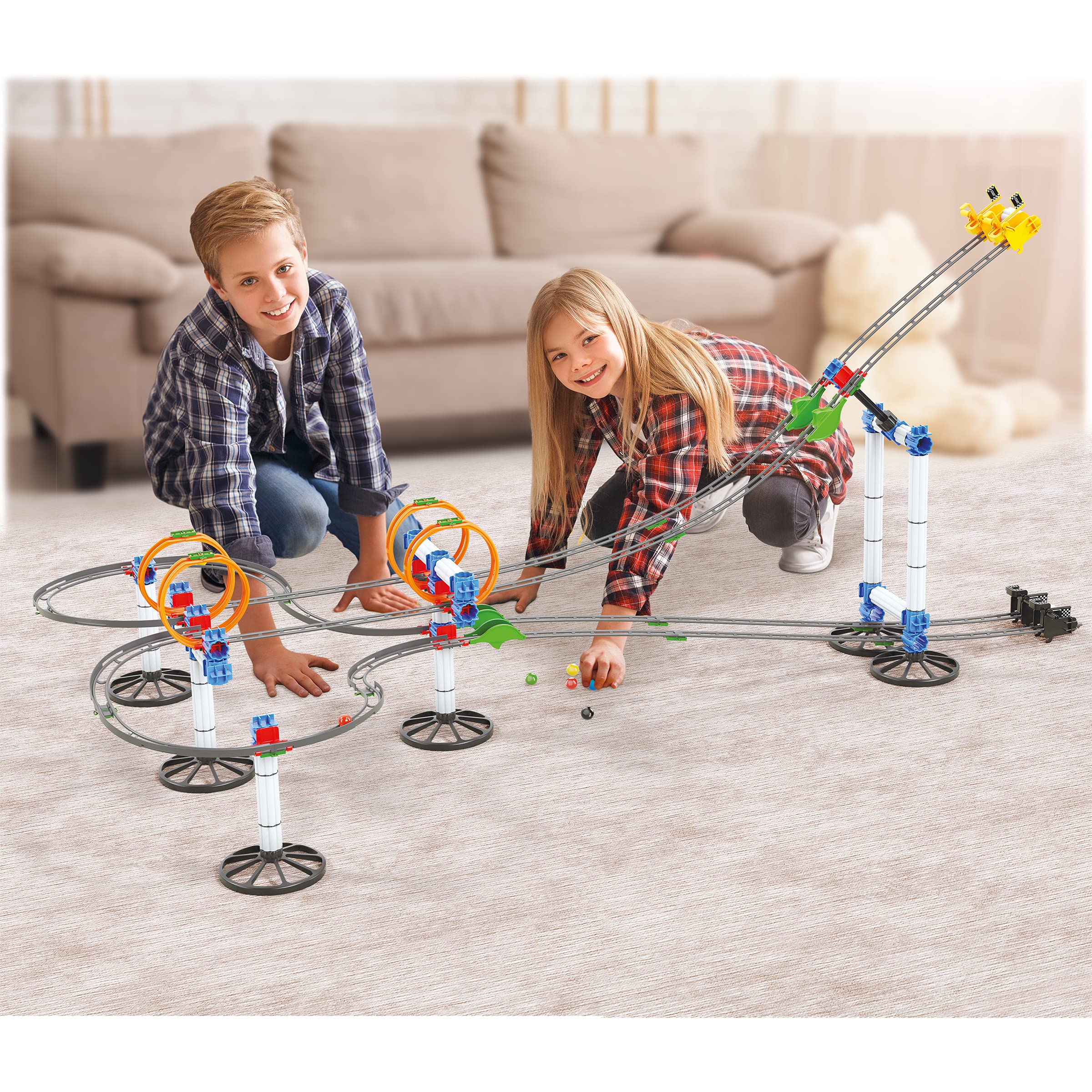 Quercetti Skyrail League Marble Run - Build Parallel Tracks with Loops and Jumps for Side-by-Side Racing, 166 Piece Set with 5 Marbles and Over 24 Feet of Track, for Kids Ages 7 Years and Up