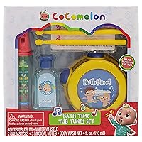 Cocomelon Musical Tub Tunes Bath Toy Set for Toddlers – Includes Cocomelon Drum & 2 Drumsticks, Water Whistle Flute, & 4 Fl Oz Ocean Berry Scented Soap