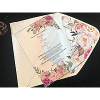 Flower Envelopes +Acrylic Wedding Invitations,Acrylic Birthday Invitations Cards,Floral acrylic invites with custom envelopes,Pink flower acrylic Invitation Cards,Colorful Envelopes,10pcs