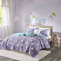 Reversible Cotton Quilt Set - Vibrant Fun, Playful Print, All Season Children Bedding Coverlet Bedspread, Decorative Pillow, Bedroom Décor, Full/Queen, Unicorn Purple 5 Piece