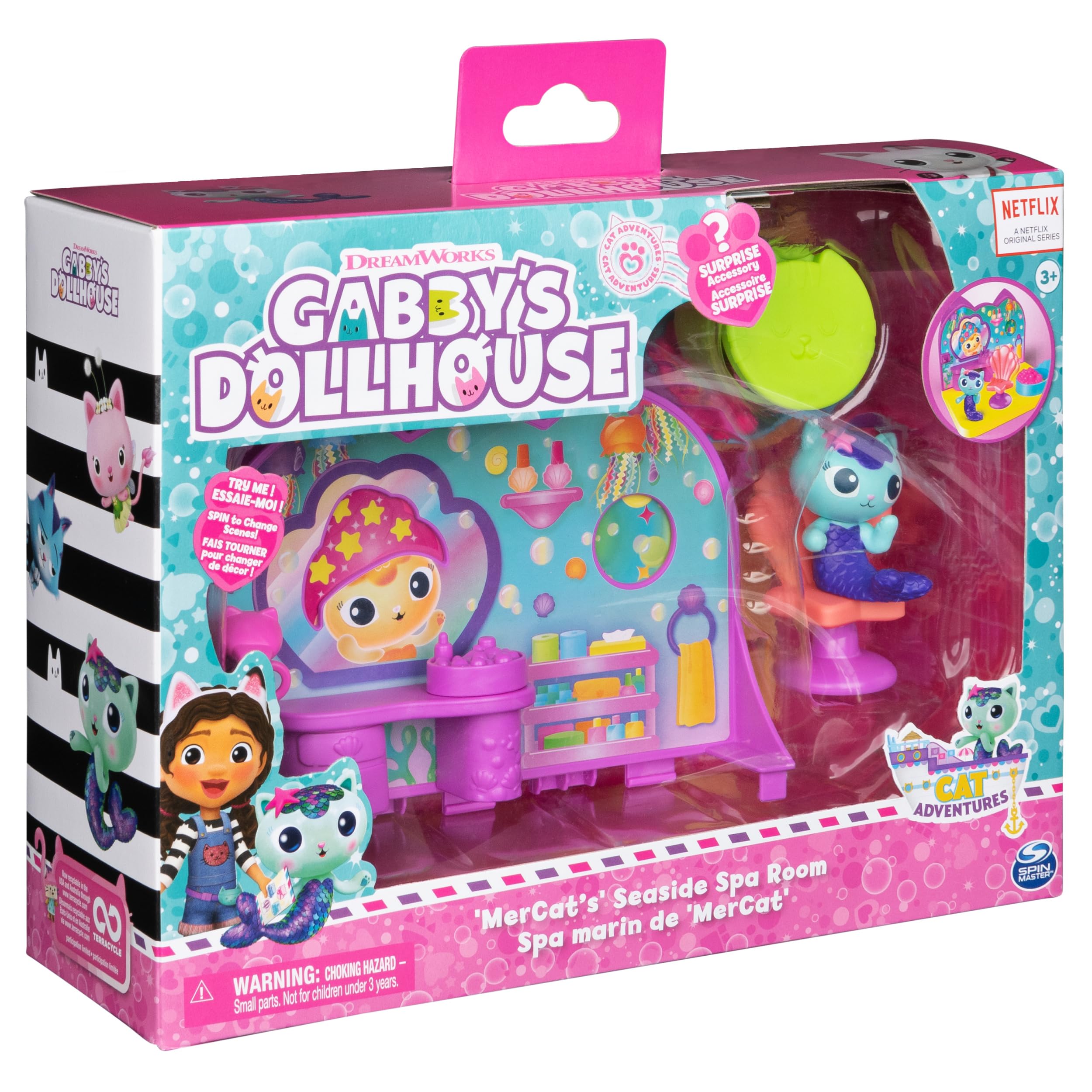 Gabby's Dollhouse DreamWorks, Mercat’s Spa Room Playset, with Mercat Toy Figure, Surprise Toys and Dollhouse Furniture, Kids Toys for Girls & Boys 3+