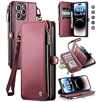 Defencase for iPhone 14 Pro Max Phone Case, RFID Blocking for iPhone 14 Pro Max Wallet Case for Women Men with Credit Card Holder Zipper Leather Protective Cover for iPhone 14 Pro Max Case, Wine Red