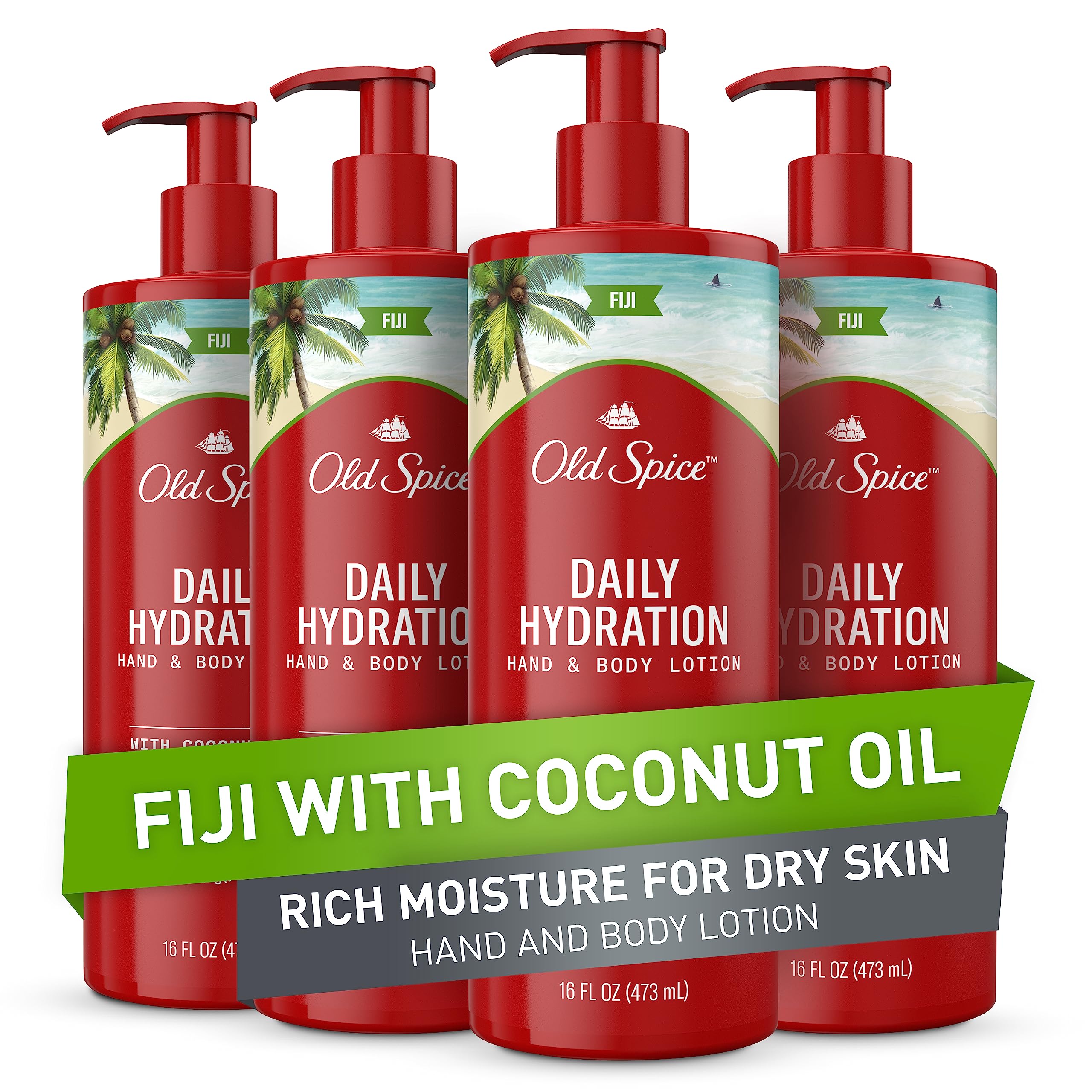Old Spice Daily Hydration Hand & Body Lotion for Men, Fiji with Coconut Oil, 16 oz, Pack of 4