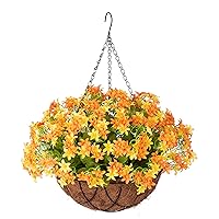 Artificial Flowers with Hanging Basket for Home Courtyard,6 Branches Silk Daisy FlowersFake Plant Arrangement in12 inch Coconut Lining Basket for Outdoors Indoors Spring Decor(Oranger)