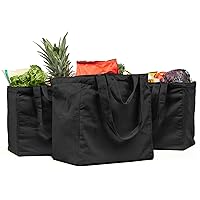 Canvas Grocery Bag 3pc XL Set with Real Pockets, Long Shoulder Strap and Short Handle. Heavy Duty, Foldable, Washable