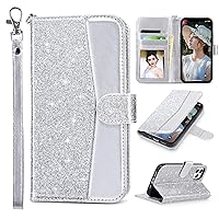 ULAK Compatible with iPhone 12 Wallet Case for Women, Premium PU Leather iPhone 12 Pro Flip Cover with Card Holder, Wrist Strap, Kickstand Shockproof Phone Case for iPhone 12/12 Pro 6.1, Silver