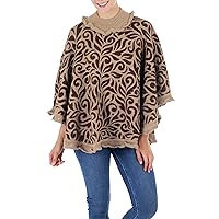 NOVICA Handmade Alpaca Blend Poncho Tan Brown Turtleneck with Lace Acrylic Wool Clothing Beige Patterned Peru Floral 'Tan Foliage'