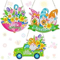 Capoda 3 Pcs Spring Painting Hanging Sign Spring Door Sign DIY Spring Painting Kit 5d Spring Gnome Truck Diamond Art Kits Hanging for Spring Classroom Decor Wall Window Decorations