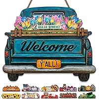 Interchangeable Welcome Sign for Front Door Blue Farmhouse Truck Decor Hanging Sign with 11 Interchangeable Seasonal and Holiday Decor Signs 12x14 in. (Blue Farmhouse Truck)
