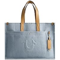 True Religion Women's Large Tote Bag, Stitched Horseshoe Canvas Travel Carryall Shoulder Handbag, Light Blue