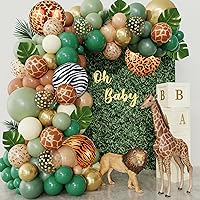 170Pcs Jungle Safari Balloons Arch Garland Kit, Sage Green Brown Foil Animal Print Balloons Palm Leaves Wild One Safari Baby Shower Decorations for Boys Tropical Woodland Birthday Party Supplies