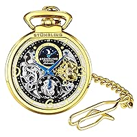 Stuhrling Orignal Mens Pocket Watch Automatic Watch Skeleton Watches for Men -Gold Pocket Watch - Mechanical Watch with Belt Clip and Stainless Steel Chain -Dual Time AM/PM Subdia